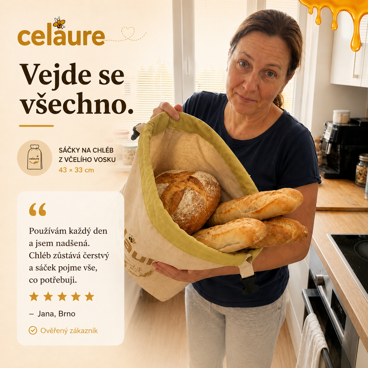 Prémiové sáčky Celaure z včelího vosku a 100% bavlny — omyvatelné, přírodní a navržené pro delší čerstvost pečiva