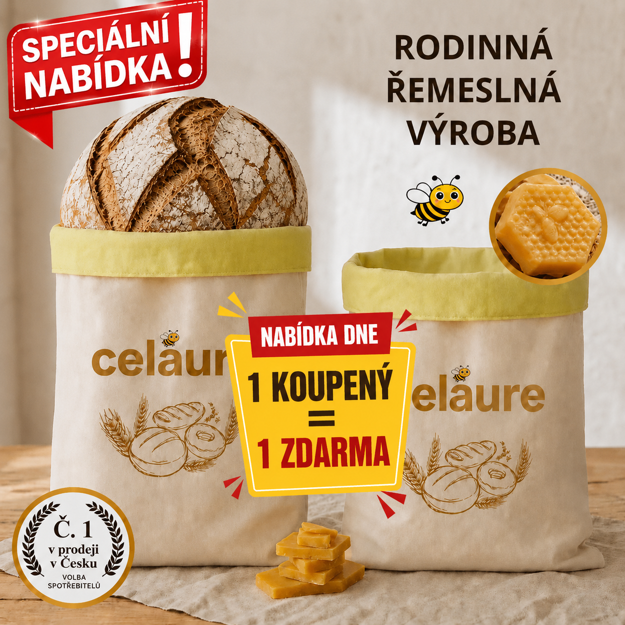 Prémiové sáčky Celaure z včelího vosku a 100% bavlny — omyvatelné, přírodní a navržené pro delší čerstvost pečiva