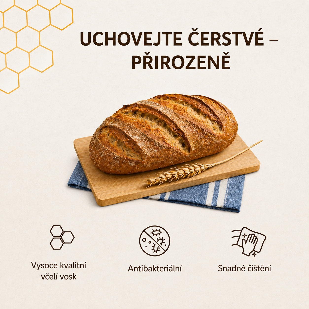 Prémiové sáčky Celaure z včelího vosku a 100% bavlny — omyvatelné, přírodní a navržené pro delší čerstvost pečiva
