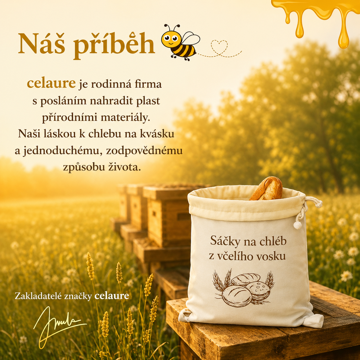 Prémiové sáčky Celaure z včelího vosku a 100% bavlny — omyvatelné, přírodní a navržené pro delší čerstvost pečiva